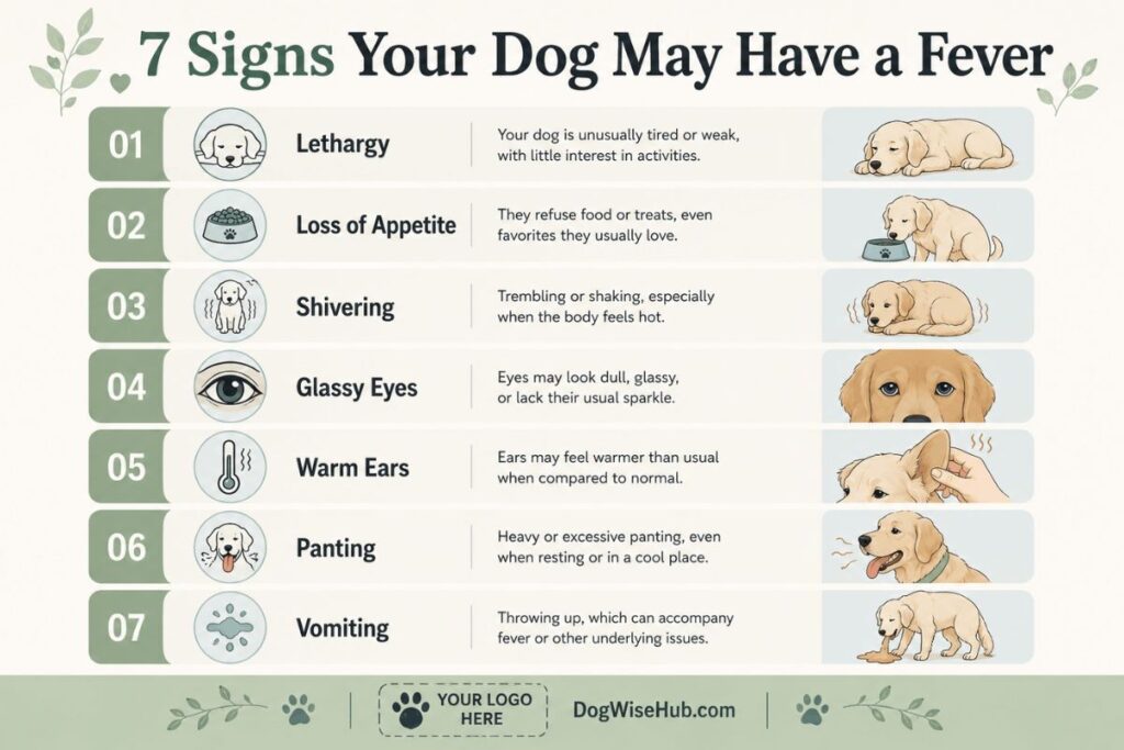 Infographic showing seven common signs of fever in dogs.