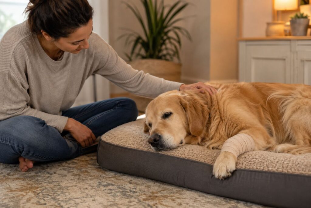 dog resting on orthopedic bed at home recovering from front leg limping with owner nearby