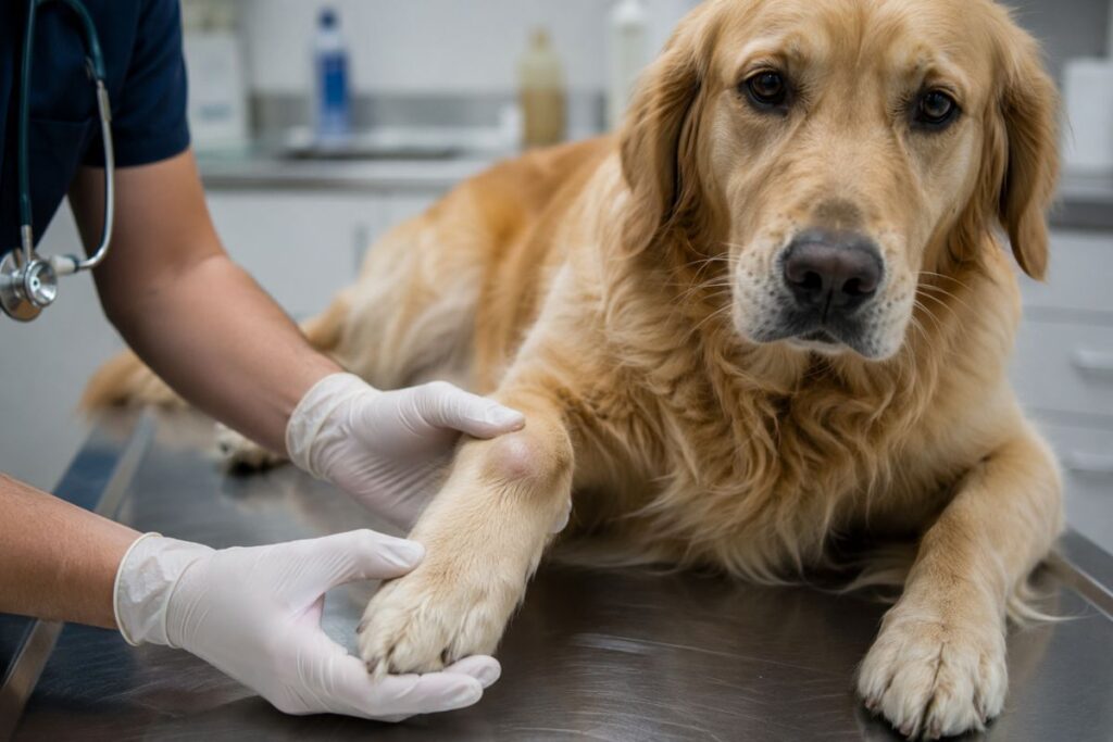 dog front leg swelling visible on wrist joint being examined by veterinarian