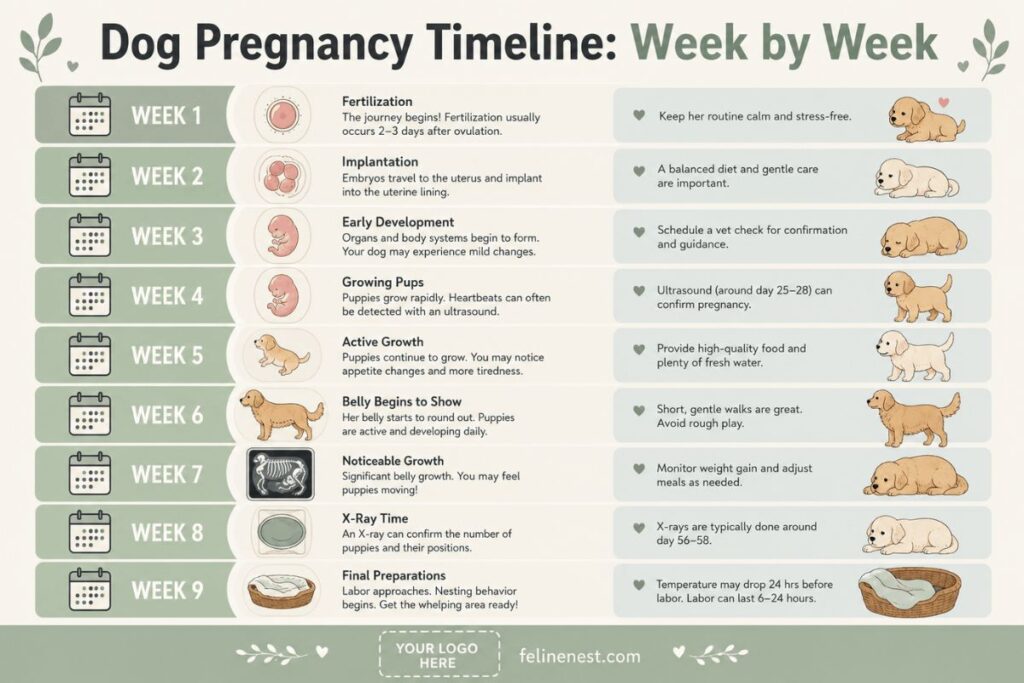  how long is a dog pregnant Week-by-week infographic of the canine pregnancy timeline.