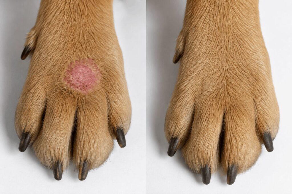 dog ringworm stages showing early lesion compared to healing skin with fur regrowth