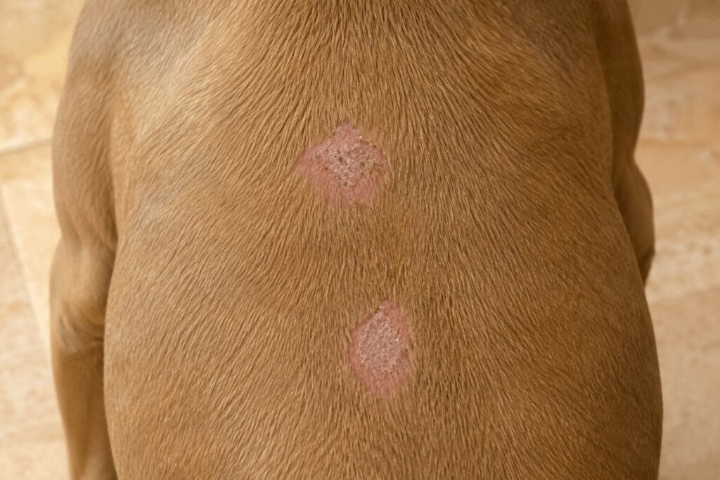dog ringworm symptoms showing circular scaly patches of hair loss on skin