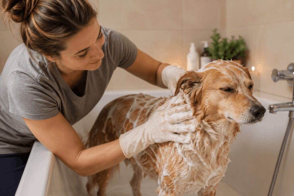 dog owner giving antifungal medicated shampoo bath to treat ringworm infection