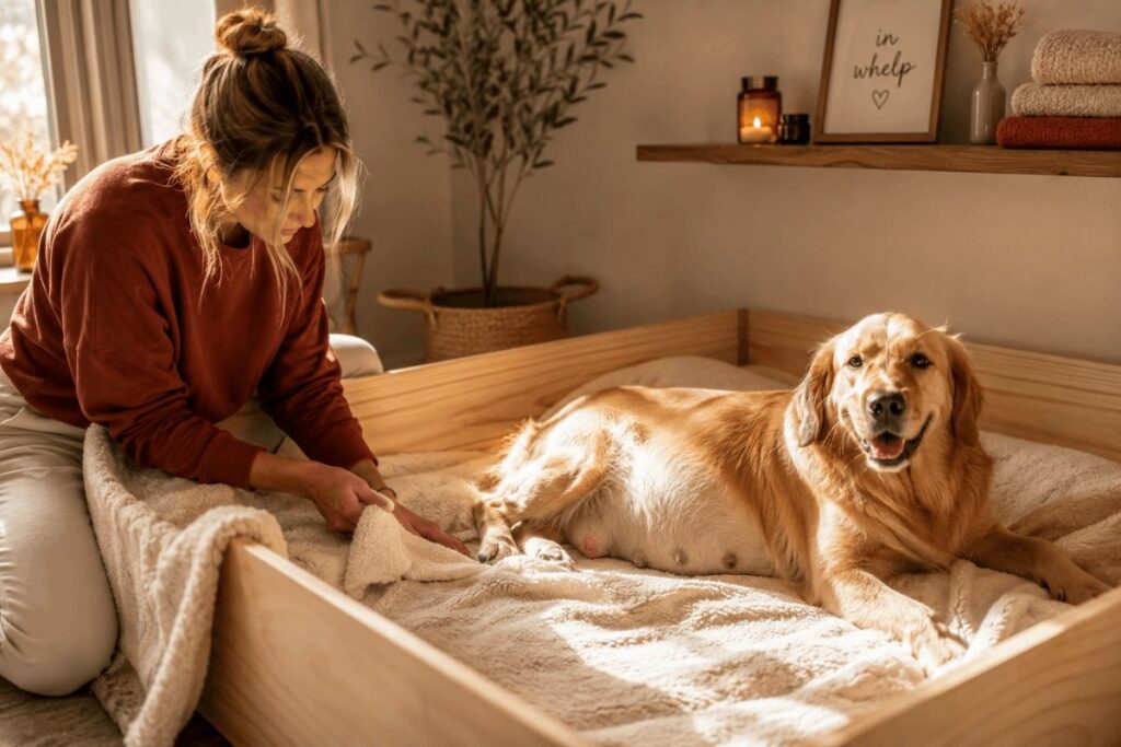 Pregnant dog resting in a prepared whelping box before delivery.
