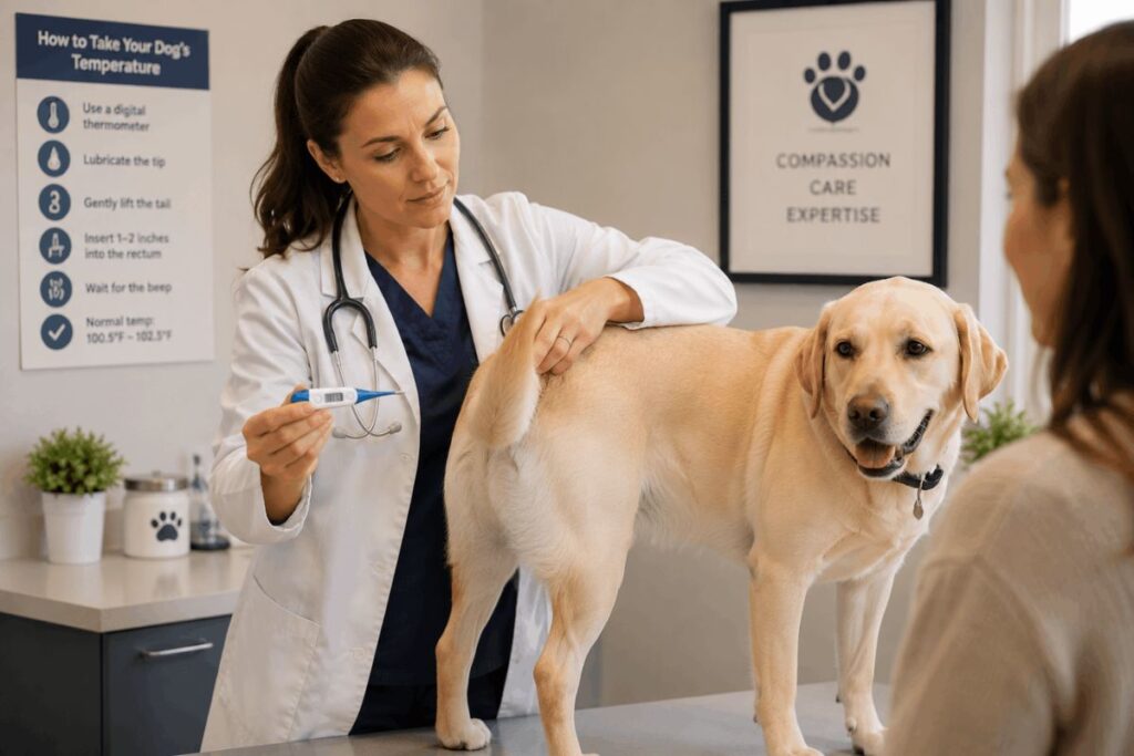 Veterinarian checking a dog's temperature with a digital thermometer.