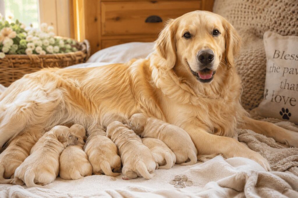 Mother dog nursing her newborn puppies in a cozy indoor setting.