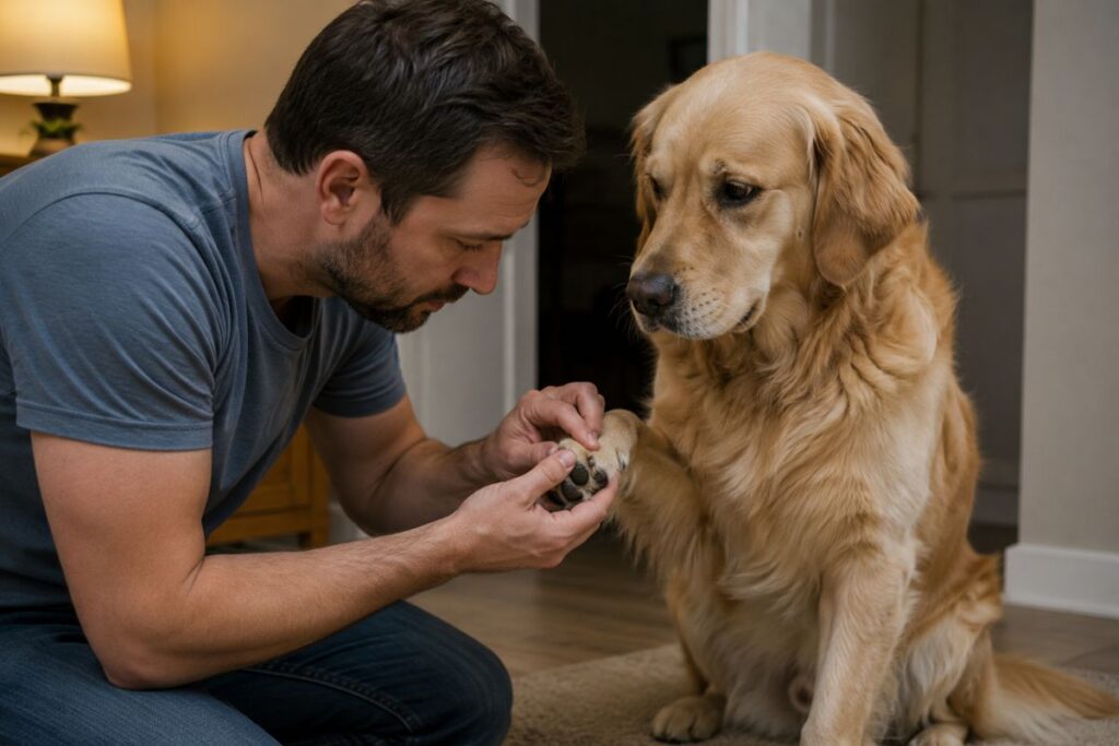 dog owner carefully examining front paw of limping dog for injury or foreign object