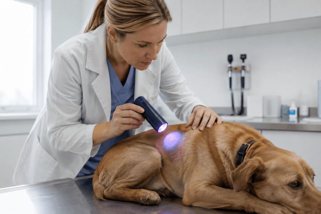 veterinarian examining dog skin for ringworm using ultraviolet Wood's lamp in clinic