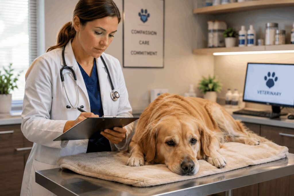Veterinarian examining a dog showing signs of illness.