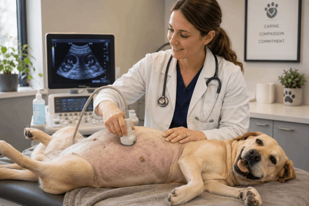 Veterinarian examining a pregnant dog using ultrasound.