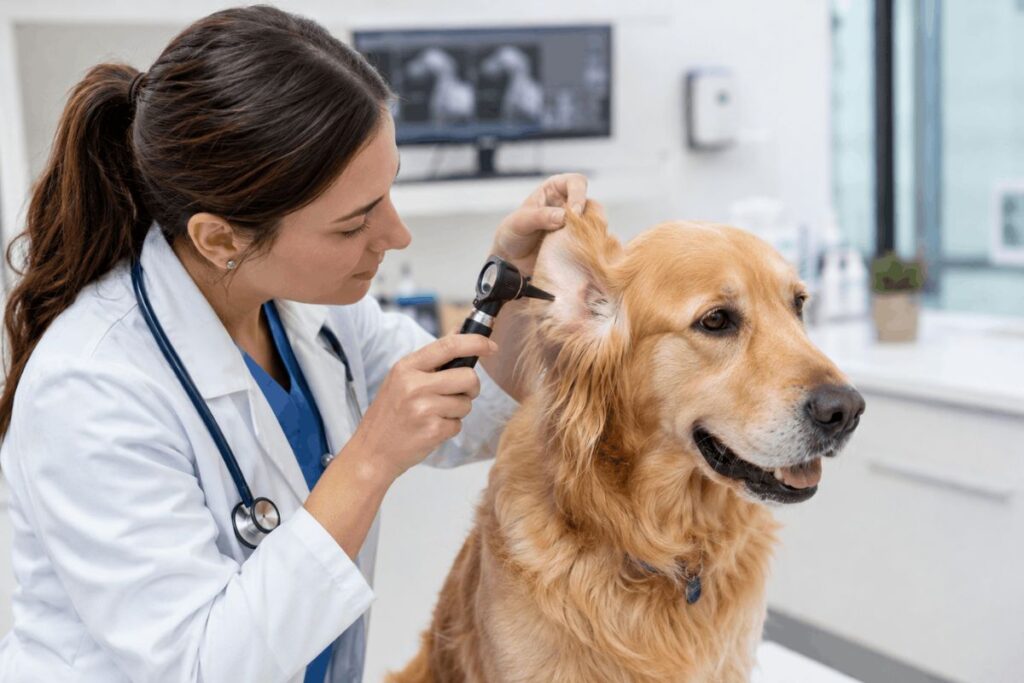 Veterinarian examining dog's ears