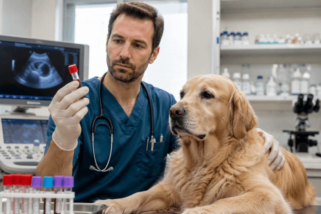 Veterinarian reviewing blood test results for a dog with excessive thirst.
