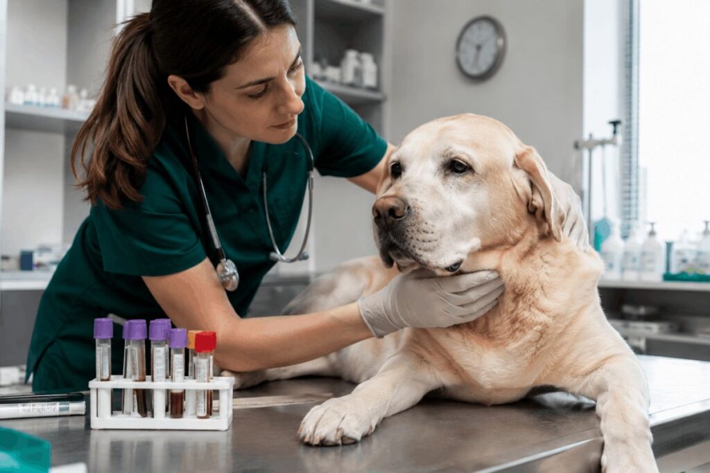 Veterinarian examining a senior dog with excessive thirst symptoms.
