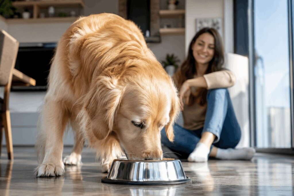 Healthy dog drinking clean water from a bowl at home.