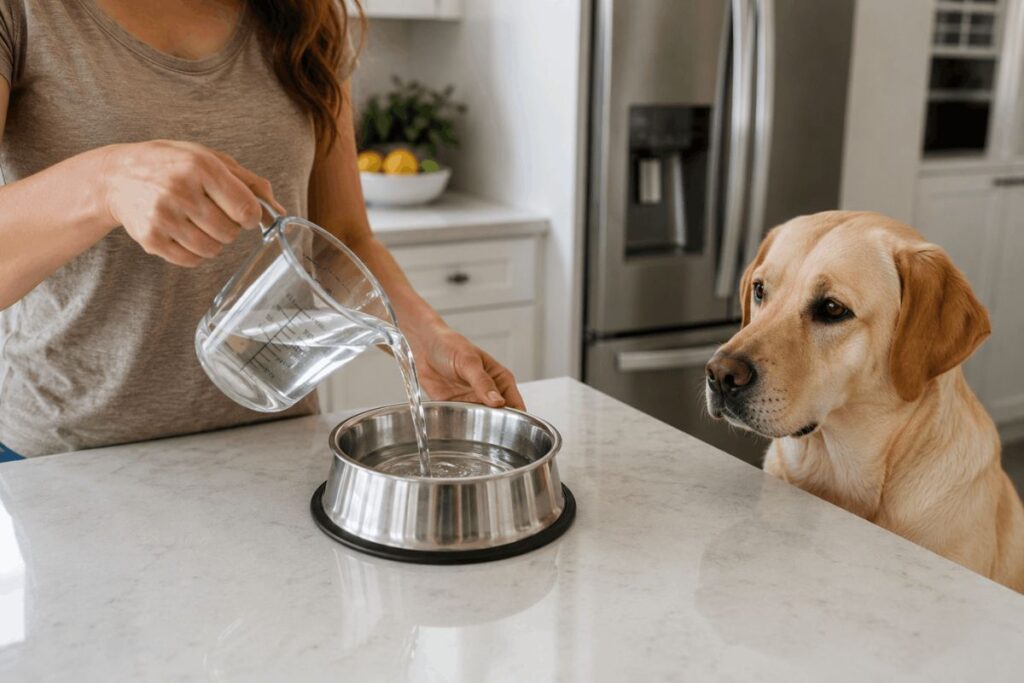 Pet owner measuring a dog's daily water intake.
