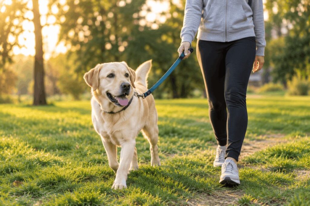 Labrador Retriever walking comfortably after recovering from TPLO surgery