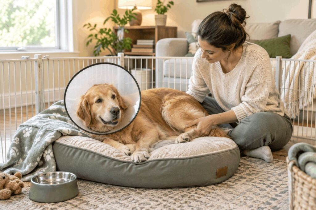 Owner caring for a dog recovering from TPLO surgery at home