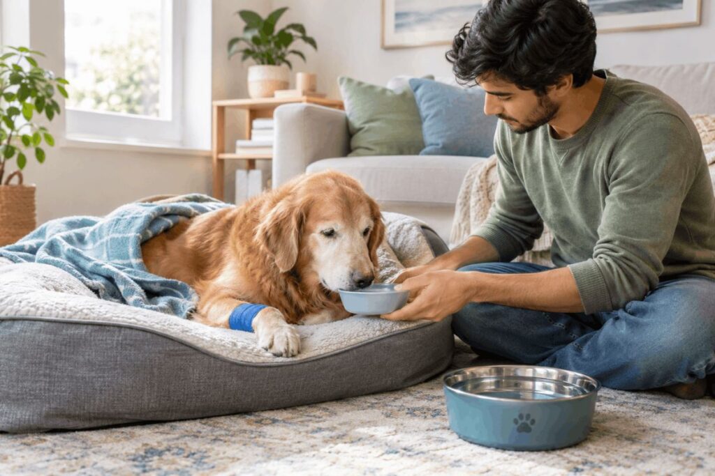 Owner caring for a dog vomiting white foam at home
