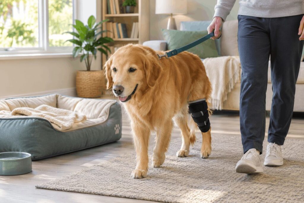 Dog walking on a leash during controlled TPLO surgery recovery