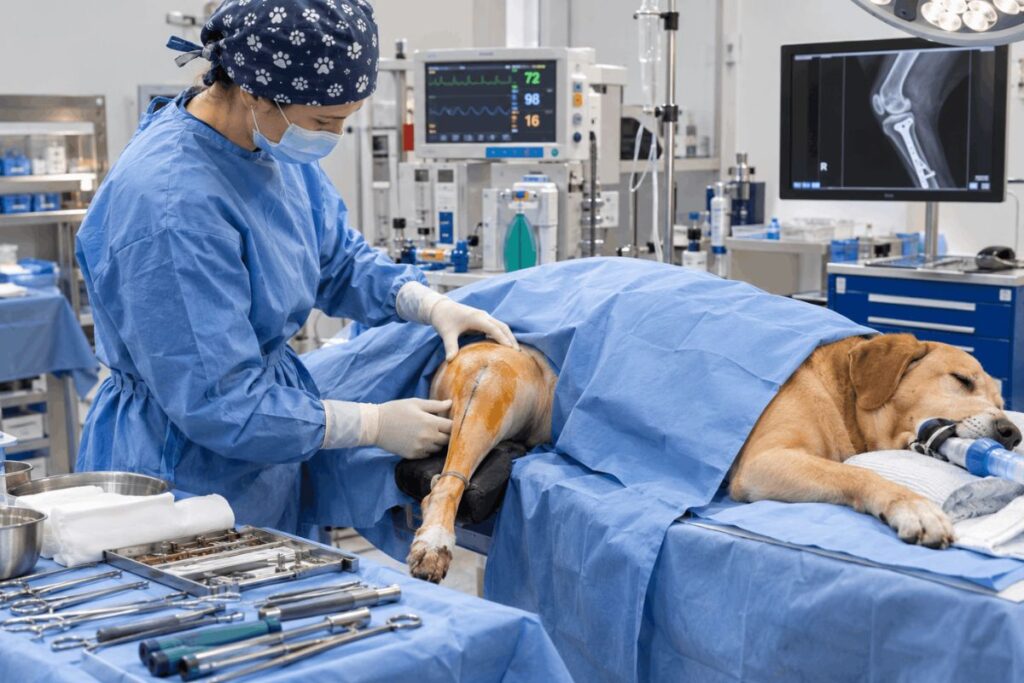 Veterinary surgeon preparing a dog's hind leg for TPLO surgery