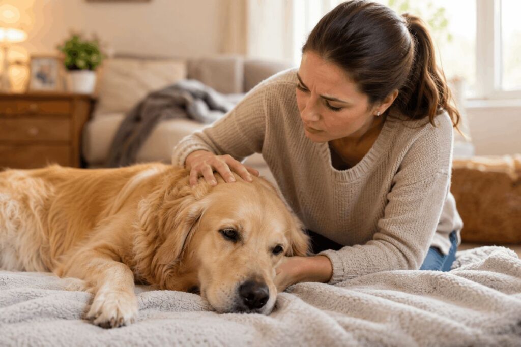 Concerned dog owner caring for a sick dog at home.