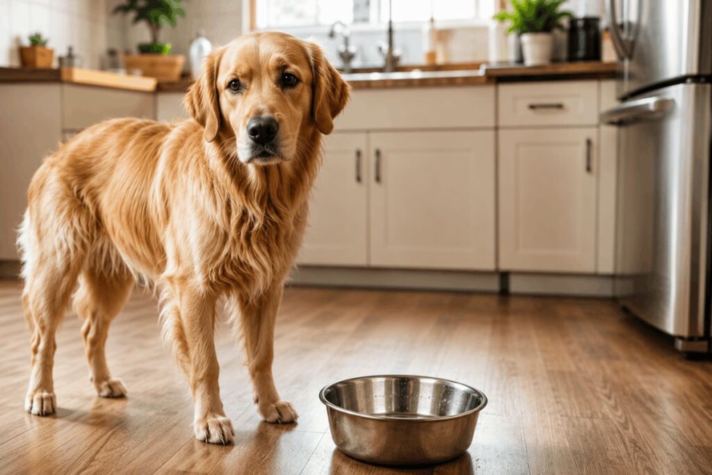Dog drinking a lot of water from a nearly empty water bowl at home.
